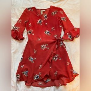 Mimi Chica Red and Blue Floral Wrap Romper/ Dress Style w/ 3/4 Bell Sleeve